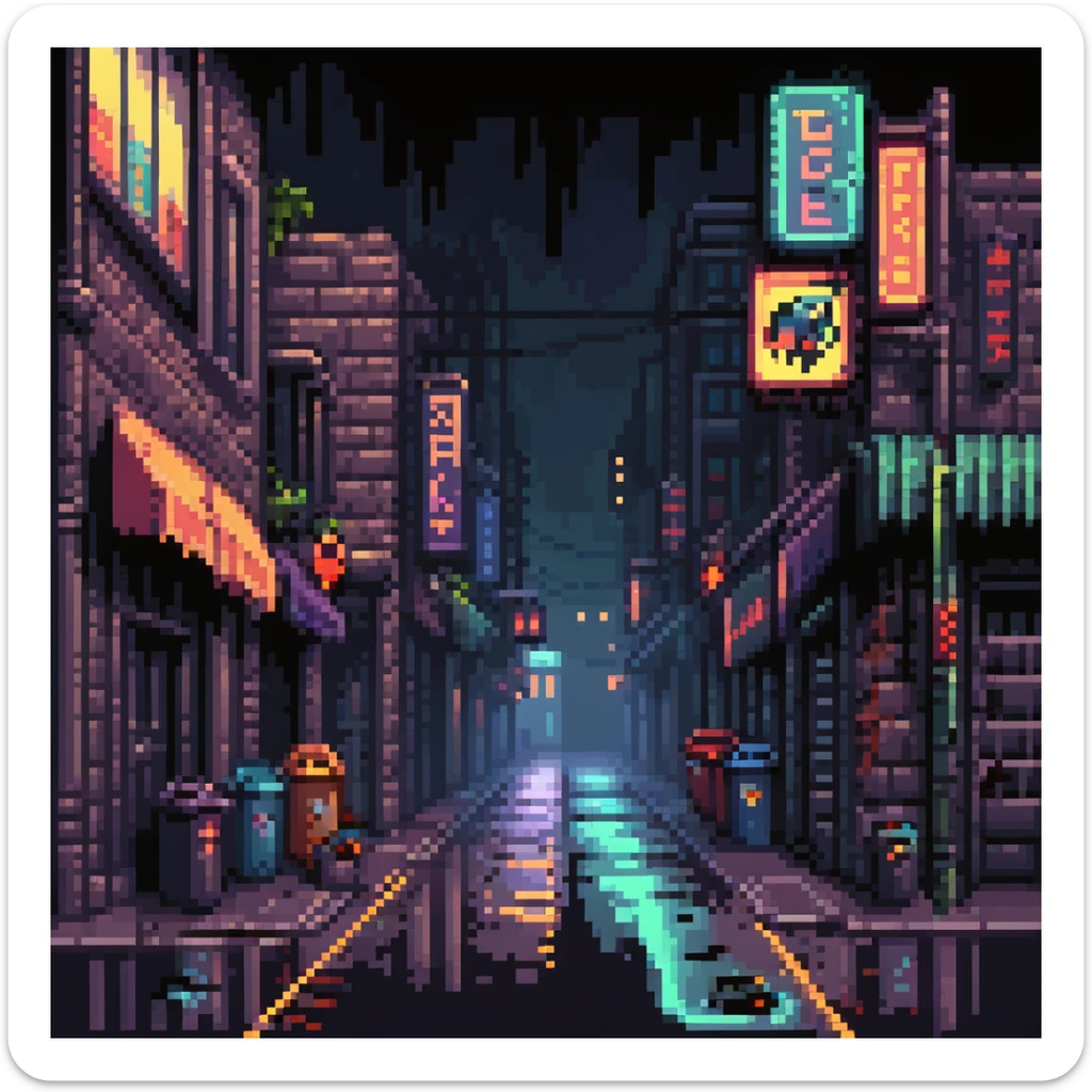 Pixel art background, side view of a dark Gotham-style street at night, moody lighting, flickering neon signs, trash bins, wet pavement, shadows in windows, 2D fighting game stage style, straight camera angle, vertical layout, 9:16 aspect ratio, suitable for mobile game
 sticker