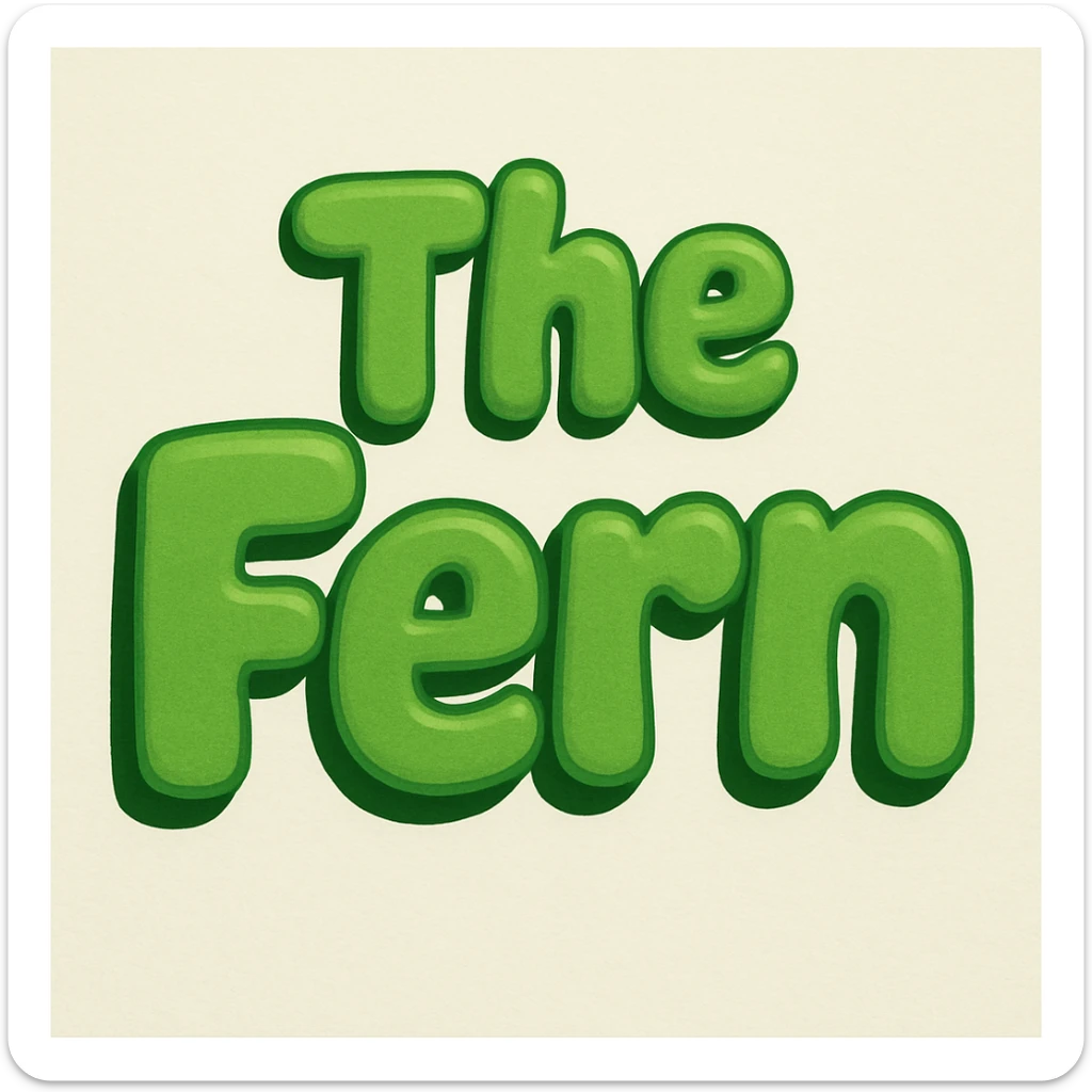 bubble letters in green that say 'The Fern', thick, soft, and cheerful, with a slight 3D effect sticker