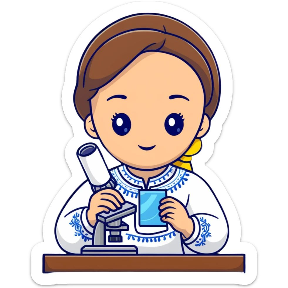 Ukrainian girl in traditional embroidered vyshyvanka shirt holding a microscope sticker