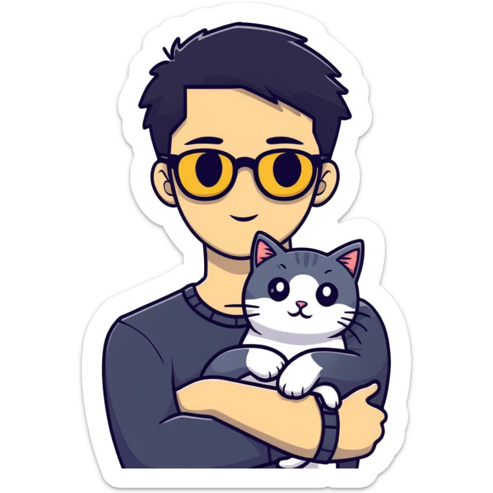A young man with a long face and warm yellow-toned skin, black hair, wearing a pair of black glasses, cradling a grayish-white cat sticker