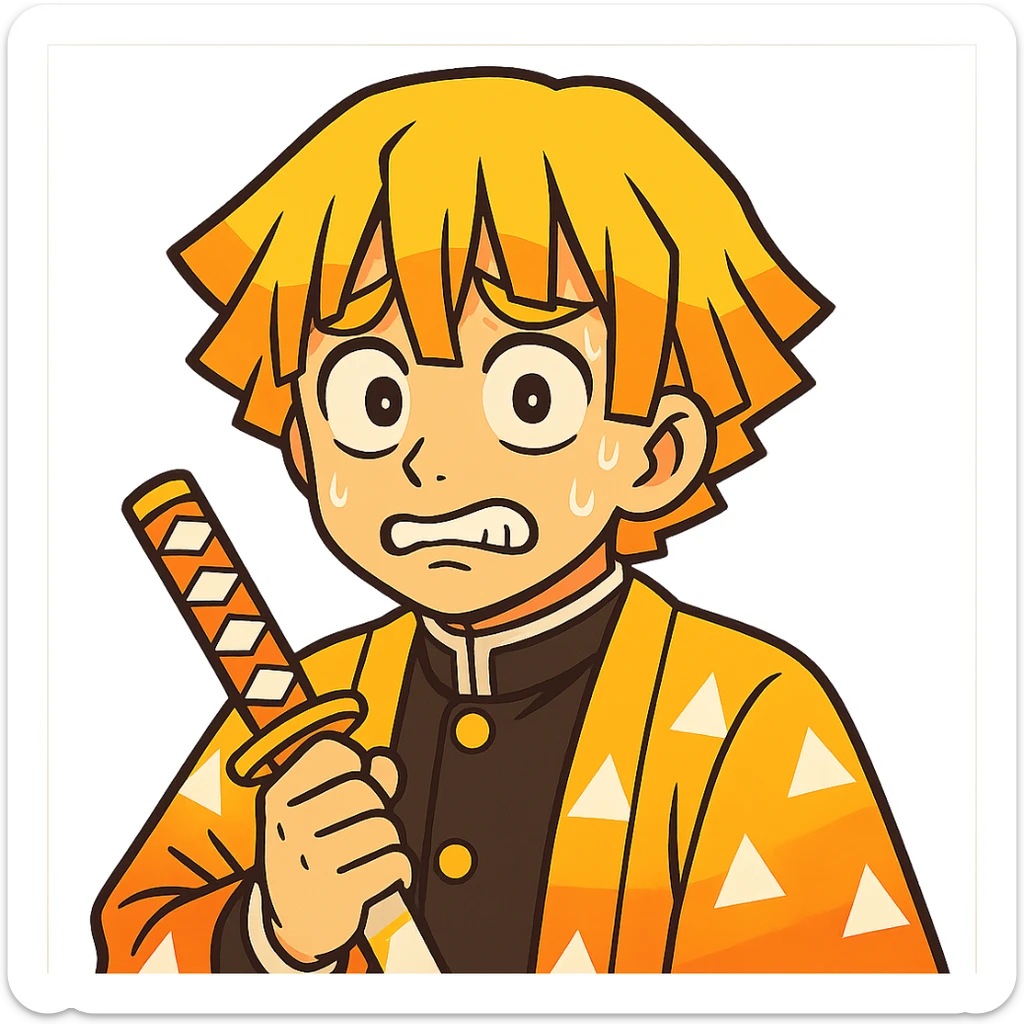 Zenitsu Agatsuma from Demon Slayer, vibrant anime style, yellow hair, orange gradient haori, nervous expression sticker