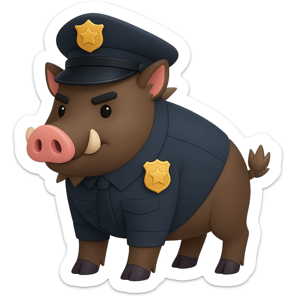 Make the wild pig appear as a police officer, keeping the 3D emoji style, with no background. sticker