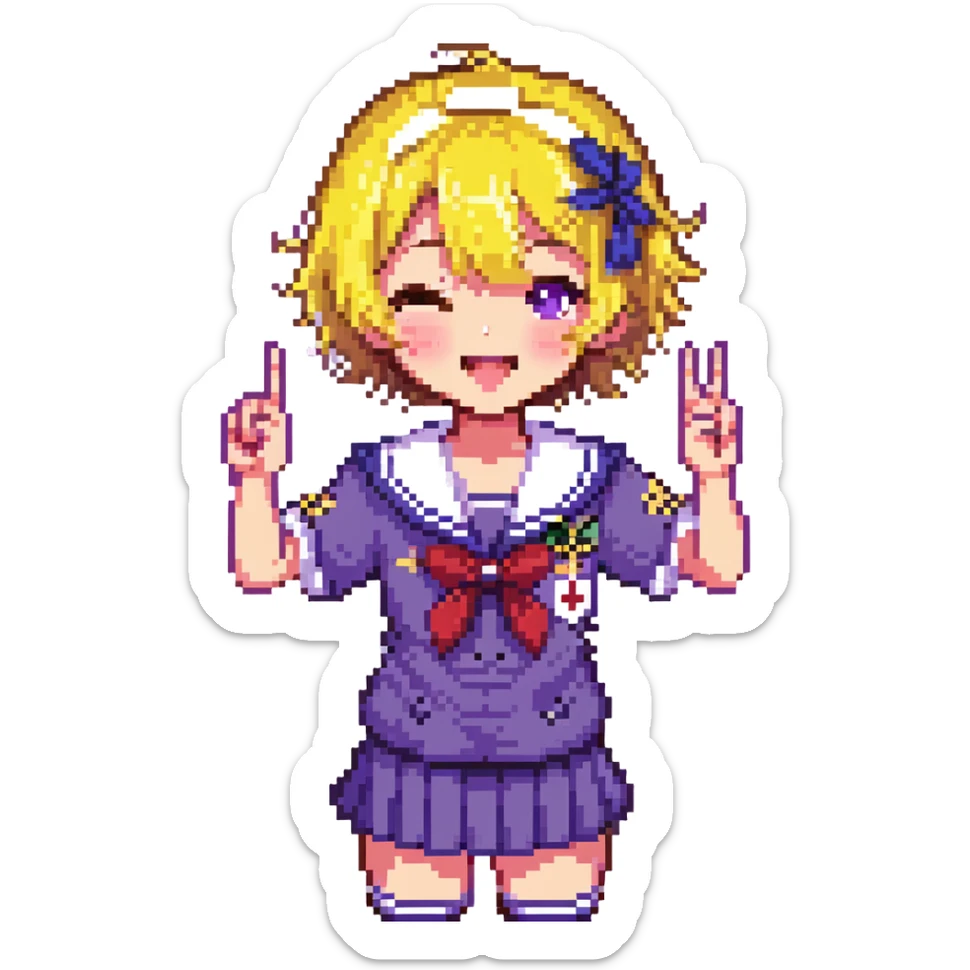Pixel art anime girl with short bright yellow hair wearing Japanese sailor style school uniform, making victory peace signs with both hands, winking happily with excited expression sticker