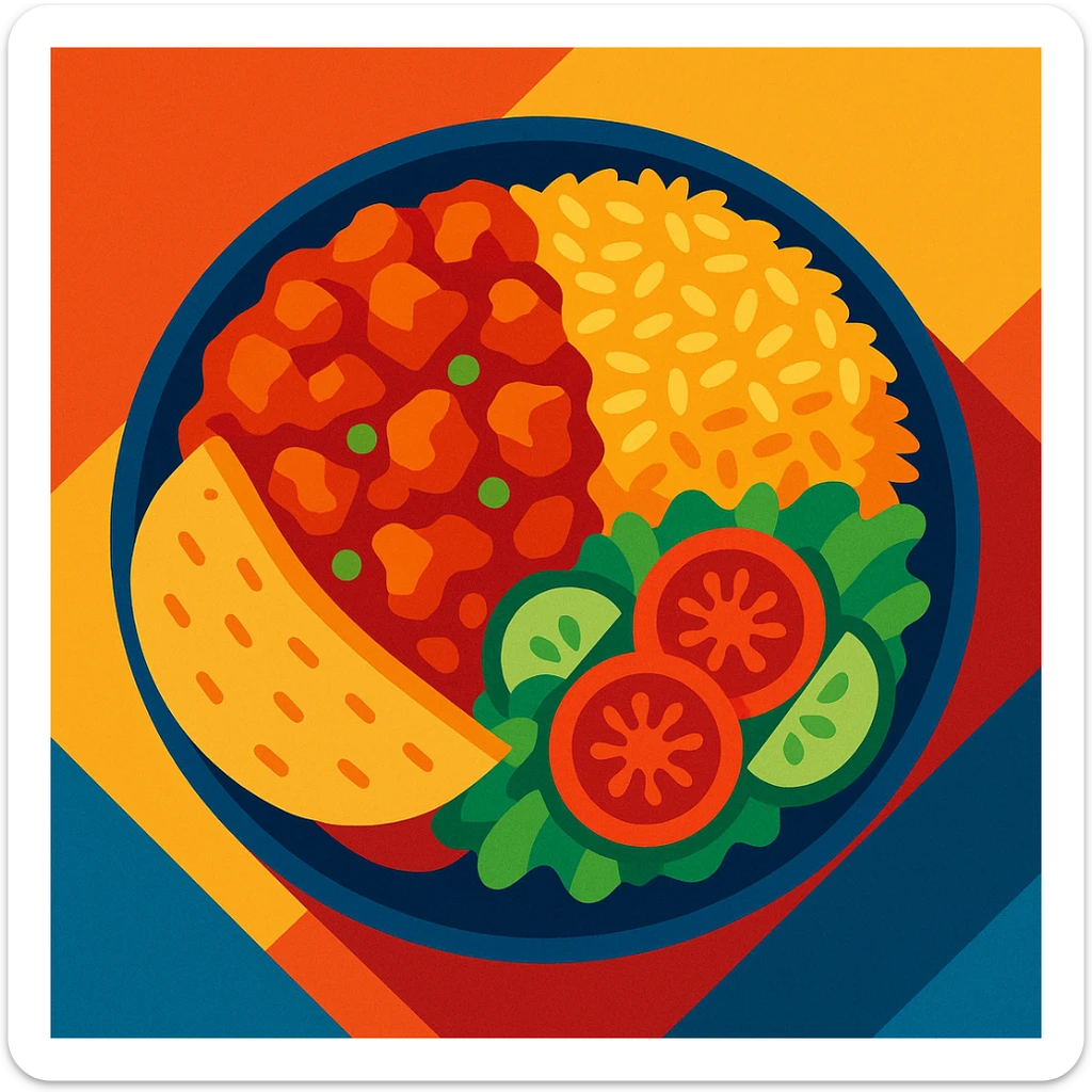 a colorful plate of ethnic food, vibrant and appetizing, modern illustration style sticker