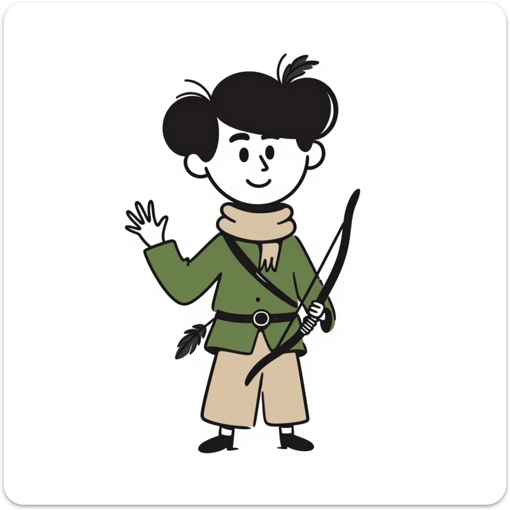 detailed hand drawn doodle of Robin Hood with classic medieval outfit and bow sticker