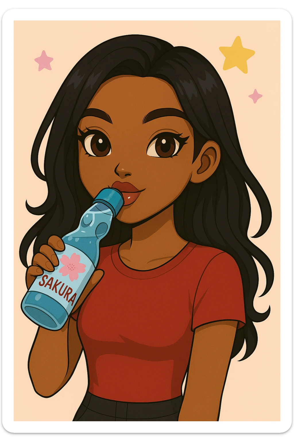 Headshot of a 20-year-old anime Bratz style woman with dark skin, straight hair, trendy outfit, glossy lips, no hat, no tears, happy expression, both eyes open, looking straight ahead, drinking blue Ramune soda labeled 'Sakura'. Change her eyes to brown and her shirt to red. sticker