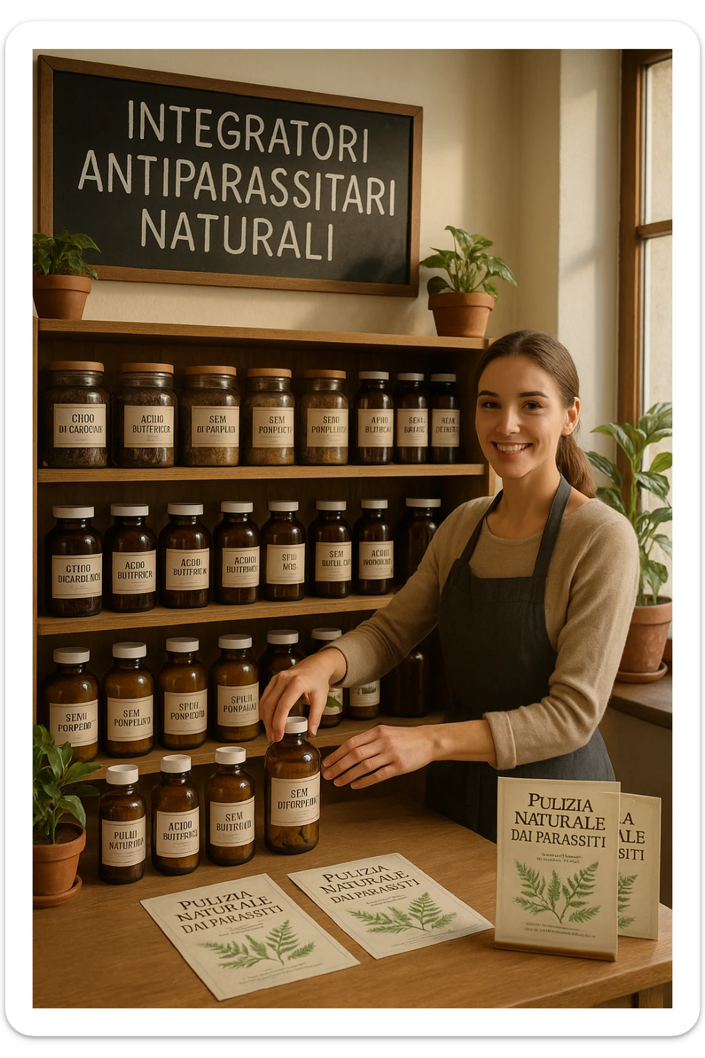 A realistic, well-lit herbal supplement store interior with wooden shelves neatly displaying glass jars and bottles labeled as ‘Chiodi di Garofano’, ‘Acido Butirrico’, and ‘Semi di Pompelmo’, organized in a clean and aesthetic manner. Small handwritten chalkboard signs indicate ‘Natural Antiparasitic Supplements’ above the section. The environment feels warm and trustworthy, with potted green plants adding freshness and a subtle sunlight entering through a window. A young shop assistant with a welcoming smile arranges the products, while informational leaflets about natural parasite cleansing are visible on a wooden counter, creating a holistic and health-conscious atmosphere in Italiano sticker