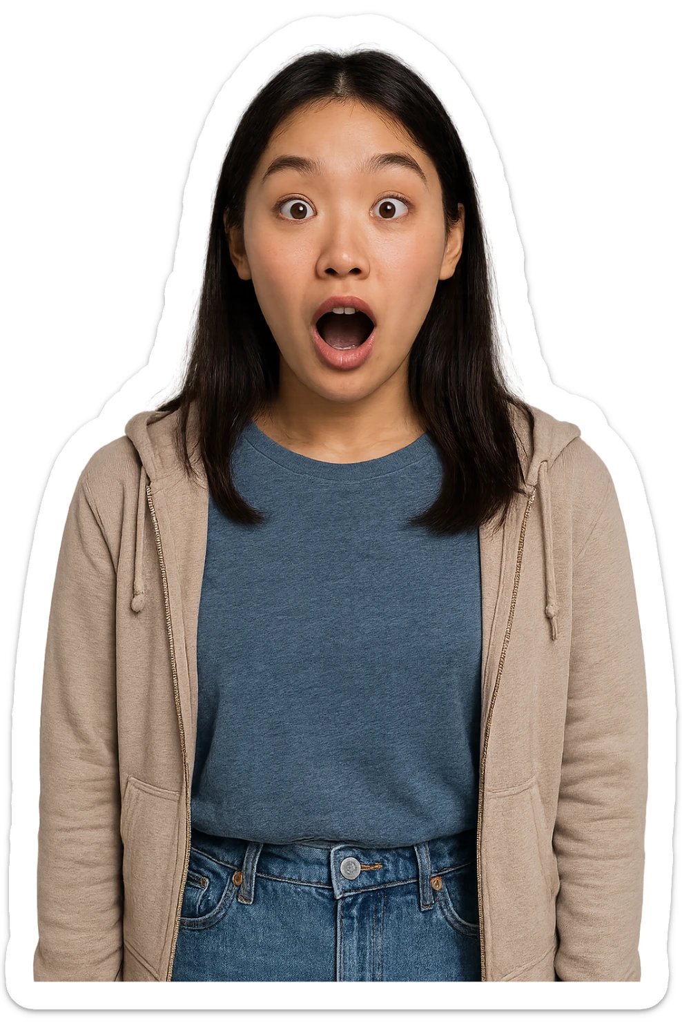 18-year-old Asian Finnish woman, surprised expression, modern casual style, clear facial features, no background sticker