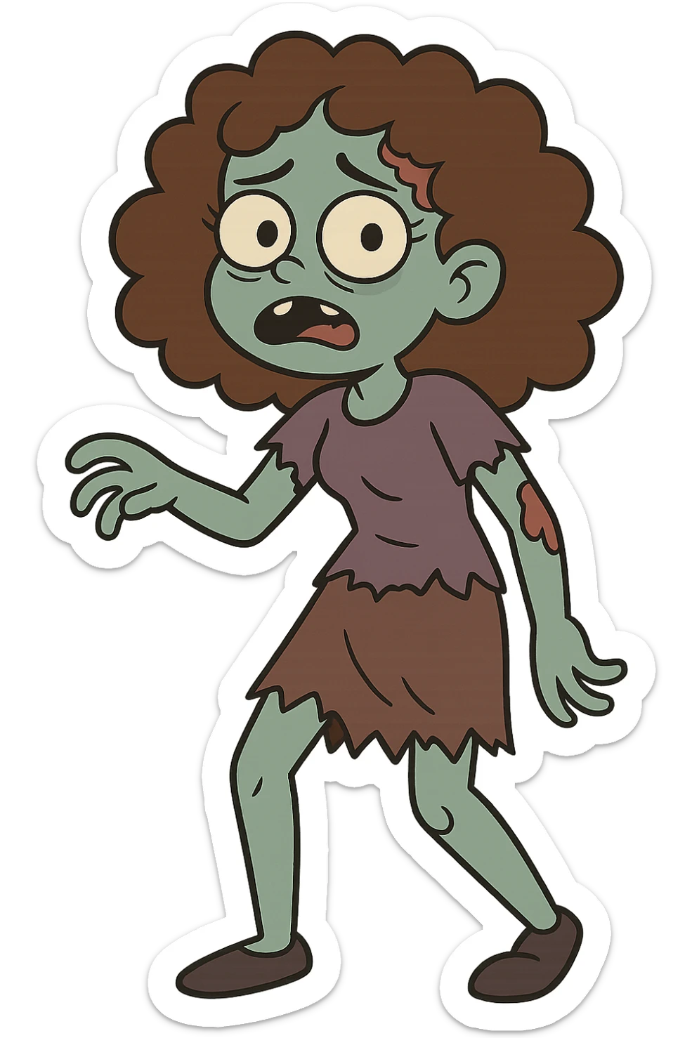 zombie girl with curly brown hair and brown eyes, cartoon style sticker