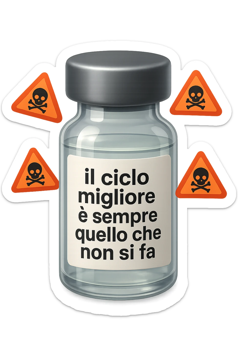 SU QUESTO STILE FAI UN EMOJI STILE IPHONE 3D DI UNa boccetta di fiala medica attorno alla quale fluttuano segnali di pericolo, sull'etichetta della boccetta c'è scritto "il ciclo migliore è sempre quello che non si fa", FALLO MOLTO REALISTICO IN 3D sticker