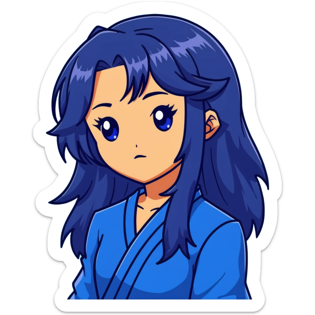 head portrait of anime girl with long dark blue hair, blue rose in hair, intense glaring blue eyes, dramatic JoJo's Bizarre Adventure style expression, sharp angular features, extreme close-up, dynamic pose sticker