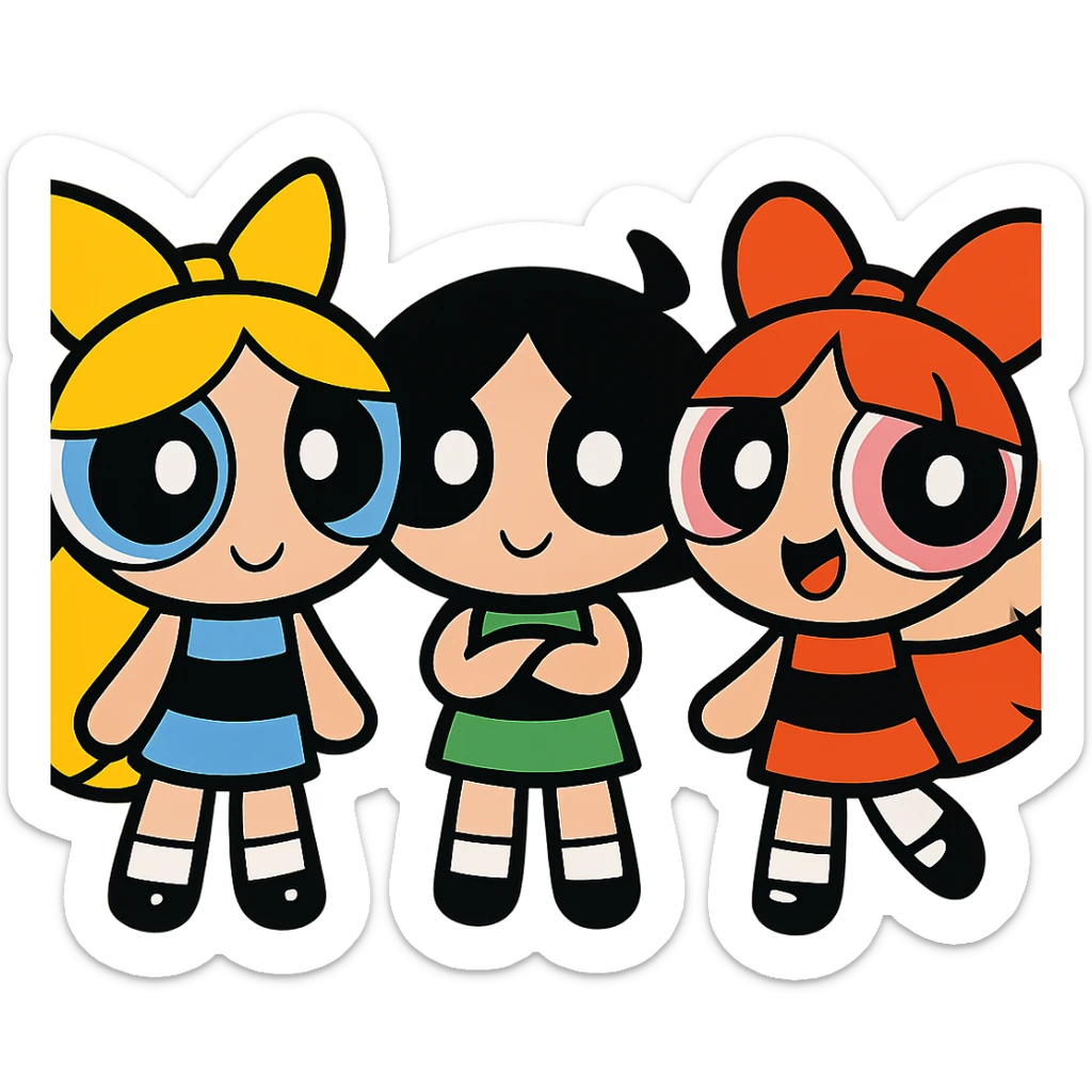 three chibi girls with big eyes and colorful dresses, inspired by the Powerpuff Girls sticker