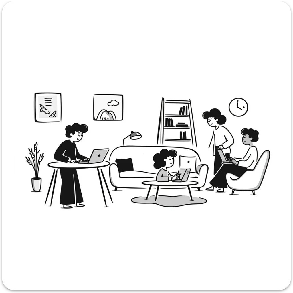 escenary 3d of a cozy mid-century living room with two people working on laptops, one man standing at a desk, and one woman sitting on a couch sticker