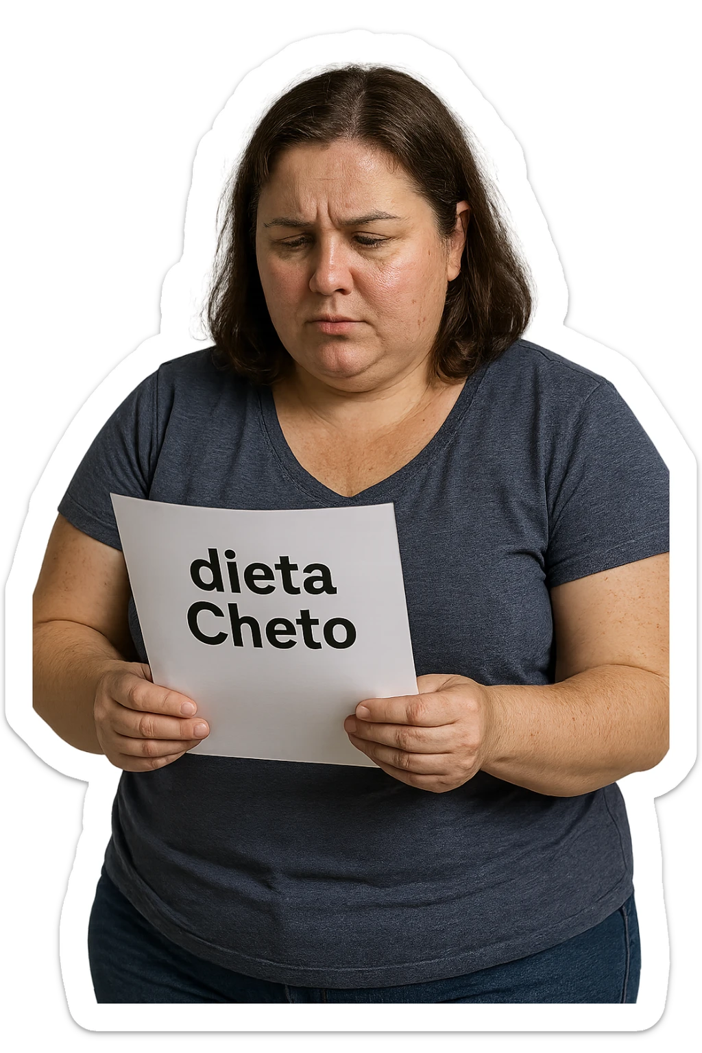 donna realistica leggermente in sovrappeso che legge un foglio con la scritta "dieta Cheto", sfondo bianco, iperrealistica 4k, IPERREALISTICA 4K sticker