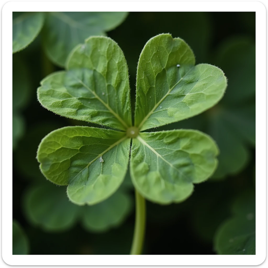 a realistic green four-leaf clover, close-up, fresh look, photorealistic, natural details sticker
