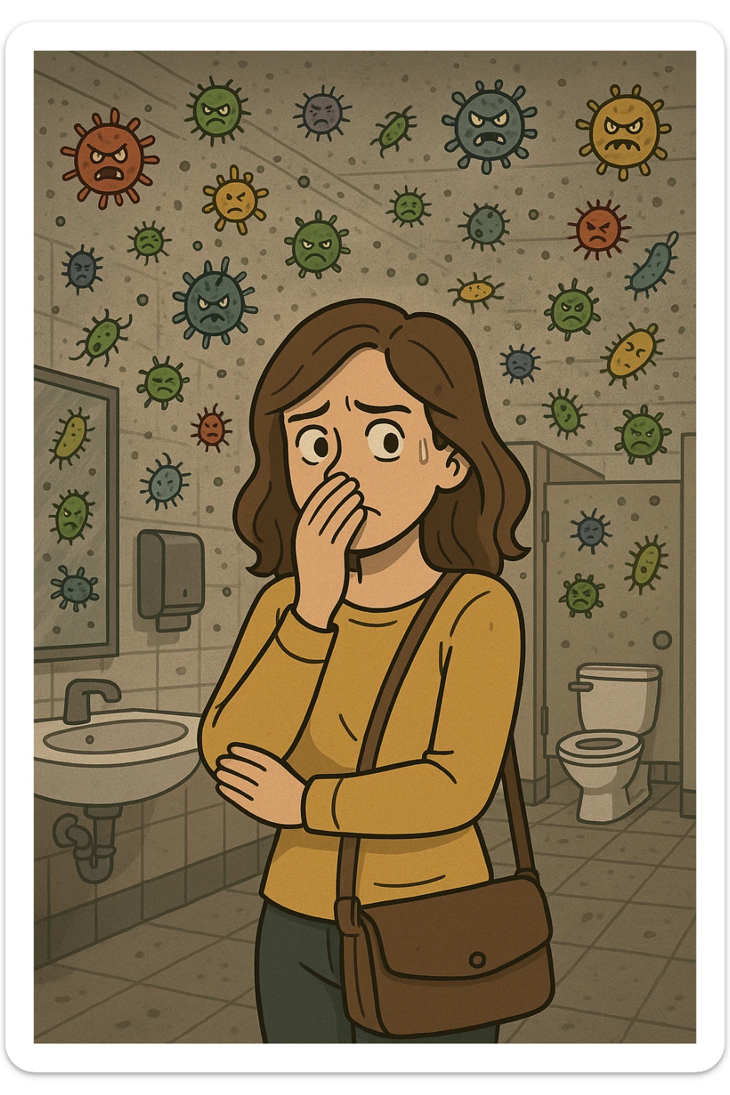 Donna che usa bagni pubblici ma in aria è pieno di virus e batteri sticker