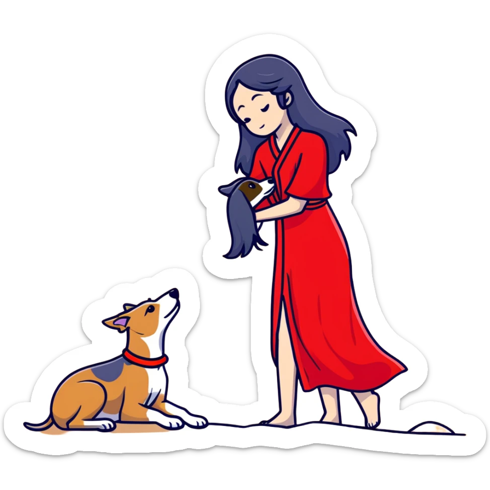 A beautiful 25-year-old Japanese woman with long flowing black hair wearing a stylish red beach dress, gently petting a PURE SOLID DARK GREY whippet with a bright RED COLLAR on a beach at night under a starry sky. The whippet MUST be 100% SOLID DARK GREY with ABSOLUTELY NO WHITE MARKINGS ANYWHERE - specifically NO WHITE on face, NO WHITE on chest, NO WHITE on paws - ENTIRELY ONE CONSISTENT SOLID DARK GREY COLOR throughout. Deep blue night sky filled with bright stars, moonlight reflecting on the ocean, sandy beach in the foreground. sticker