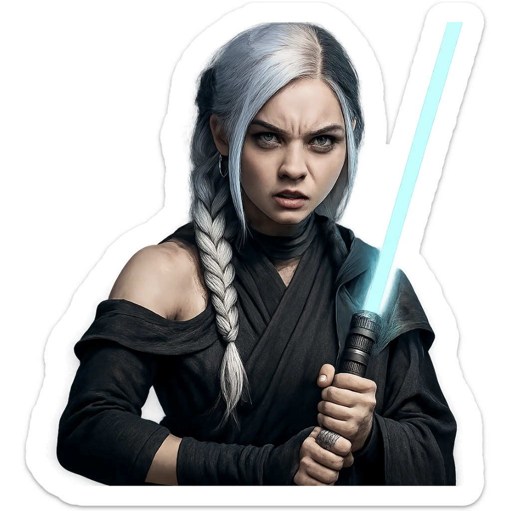  a closeup portrait of young woman with gold yellow eyes, white hair, long braid, black off-shoulder top, punk gothic style, futuristic cyberwave cyberpunk,  jedi attire and posture robes of a padawan, foreweilding a bright blue-green lightsaber, angry fierce face expression, power stance, 30-90 sticker