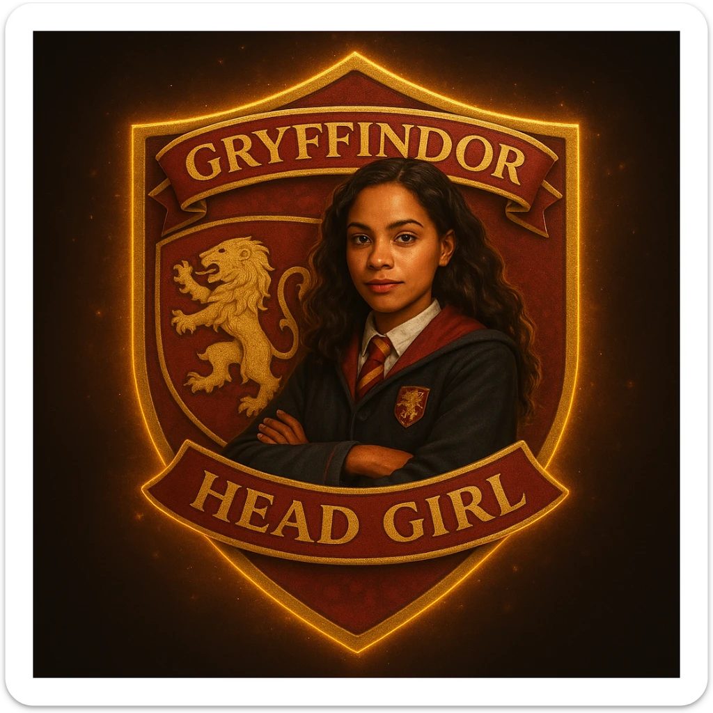 Make this head girl of Gryffindor badge more realistic, with a confident young witch in lifelike Gryffindor robes, a realistic lion icon, and naturalistic lighting and textures. sticker