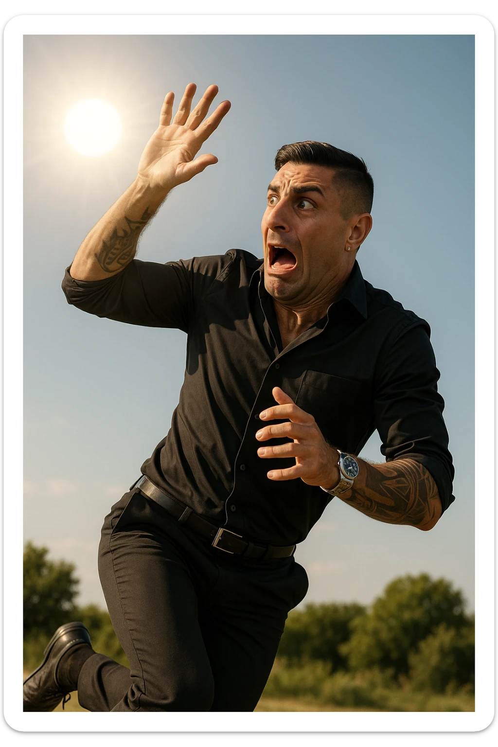 Uomo che corre via dal sole spaventato perchè pensa sia nocivo realistica sticker