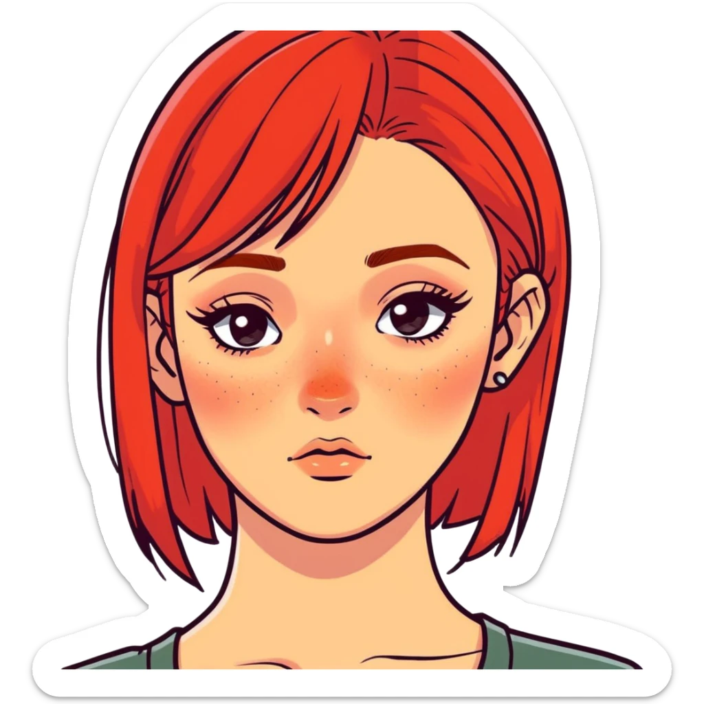 white girl with lashes and red hair with straight hair and side part with freckles two nose piercings and an anti brow sticker