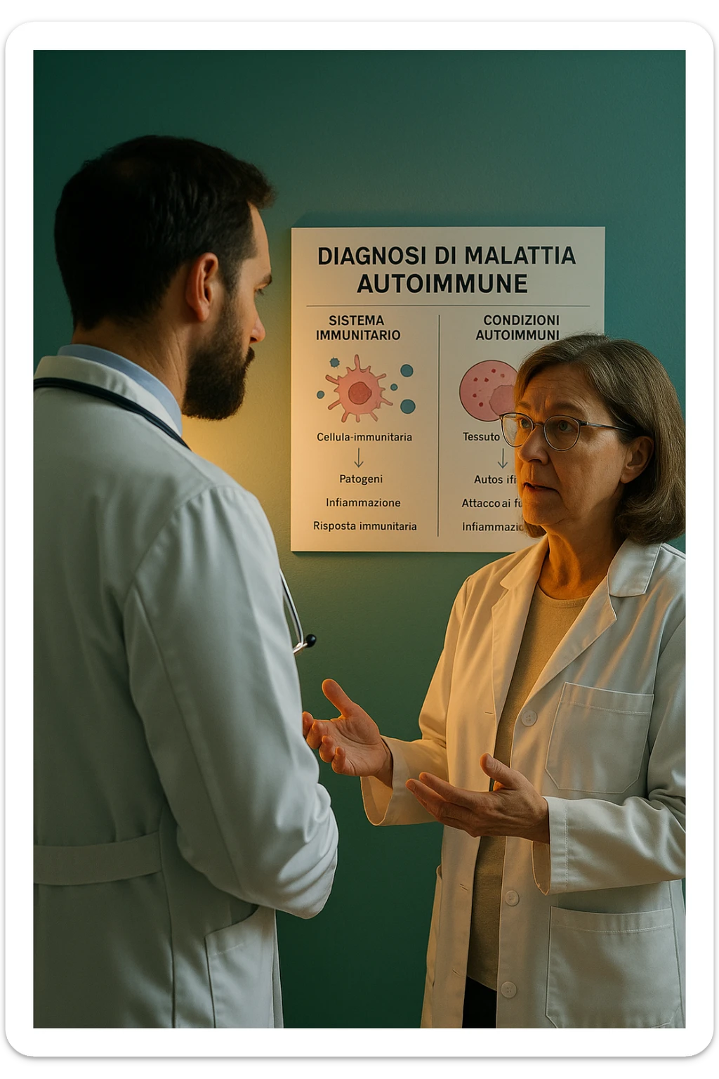 Foto tutta in italiano Realistic, detailed photo taken from behind of one doctor e un paziente —a bearded man and a middle-aged woman—standing and facing each other as they discuss an autoimmune disease diagnosis in front of a medical chart that displays information about the immune system and autoimmune conditions. The scene is illuminated by a yellowish, orange, warm light that softly envelops the doctors. The entire room is bathed in a single green-blue color, creating a cohesive and modern atmosphere. Both doctors wear white coats, and their body language suggests a serious, professional conversation about the complexities of autoimmune diseases. Shot with a Canon EOS R5, with high detail and natural depth of field. scritto in italiano sticker