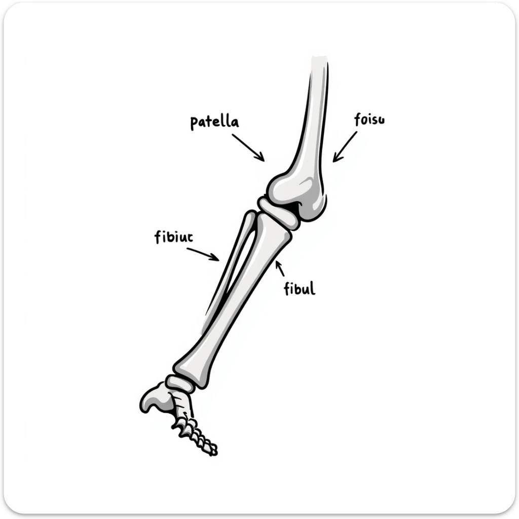 anatomical drawing of knee bones showing patella, femur, tibia, and fibula with labels sticker