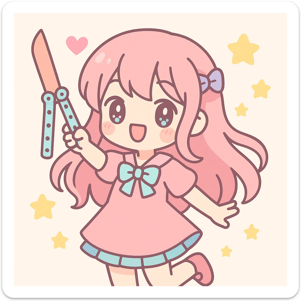 stylized anime girl with a balisong, flowing hair, lively pose, bright color palette, whimsical background, cute accessories sticker