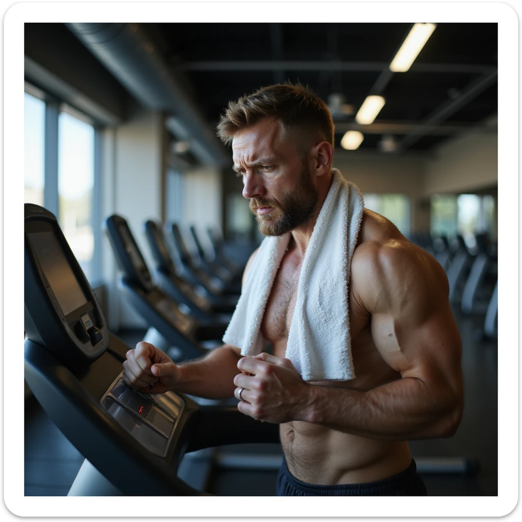 hyperrealistic 4K image of a muscular man in his 30s on treadmill, anxiously staring at heart rate monitor, face flushed, sweat dripping, gym towel soaked, hands trembling, clear signs of stress and panic, gym background sticker