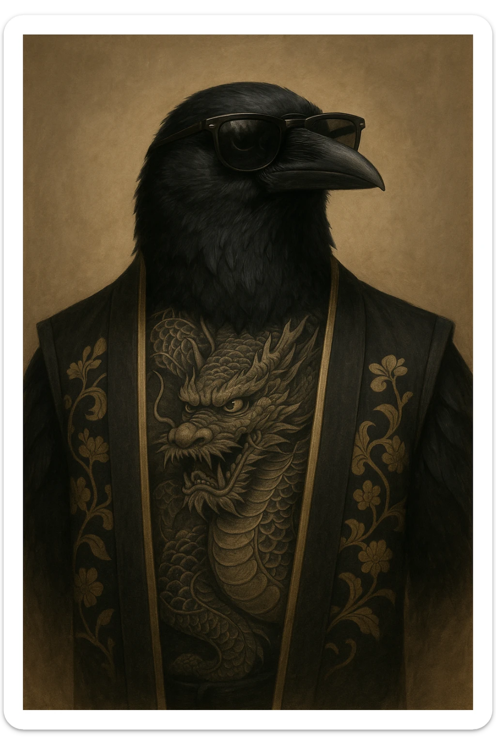 A crow with a dragon tattoo on its chest, wearing sunglasses and a traditional yakuza vest, exuding confidence. sticker