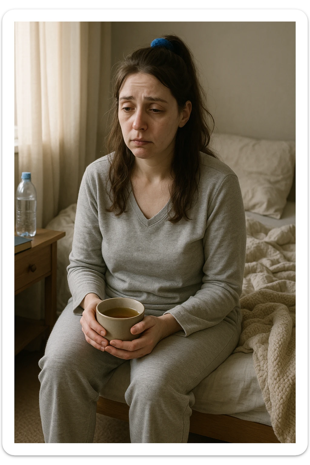 A realistic, cinematic illustration of a woman in her early 30s with a tired, pale appearance, sitting on the edge of her bed in a softly lit bedroom during the morning, looking exhausted and drained. Her posture is slightly slouched, and dark circles are visible under her eyes. She wears comfortable loungewear, holding a warm cup of herbal tea in her hands, seeking comfort. The scene includes a cozy yet slightly messy room with a blanket, a water bottle, and a book on the nightstand, emphasizing chronic fatigue. Soft natural light comes through the window, highlighting her expression of persistent tiredness despite rest, capturing the invisible struggle of chronic fatigue syndrome while maintaining dignity and a gentle aesthetic. sticker