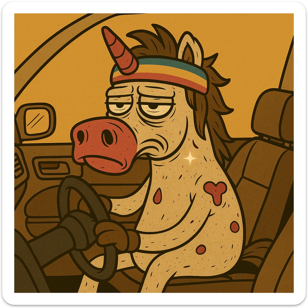 Place a dirty, crumpled unicorn with bags under its eyes, a drooping horn, and a bright shiny headband behind the wheel of a car in a cartoon style. Maintain the cartoon style and the unicorn's described features. sticker
