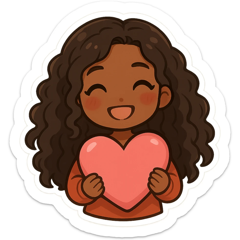 chibi anime black girl with long curly hair, smiling, holding a pink heart sticker
