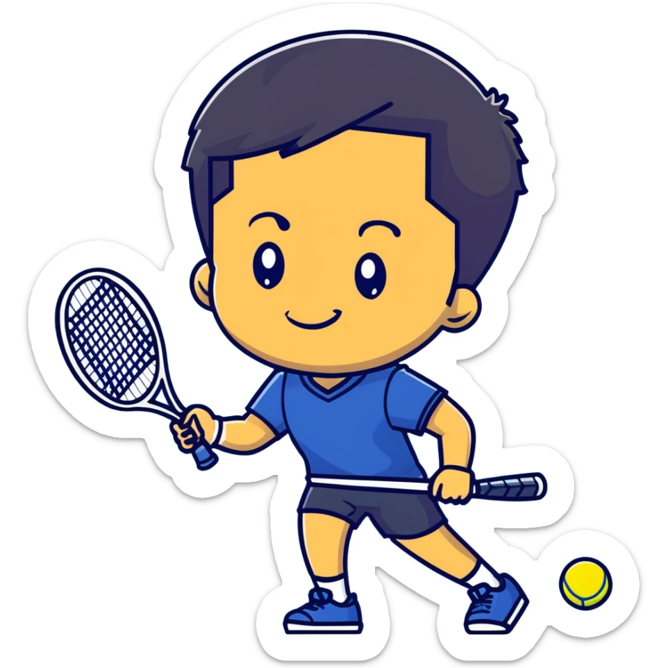 light brown skinned tennis coach, short straight black hair with widow's peak, oval face, small eyes, smiling, holding blue Yonex racket, wearing navy blue dry fit shirt sticker