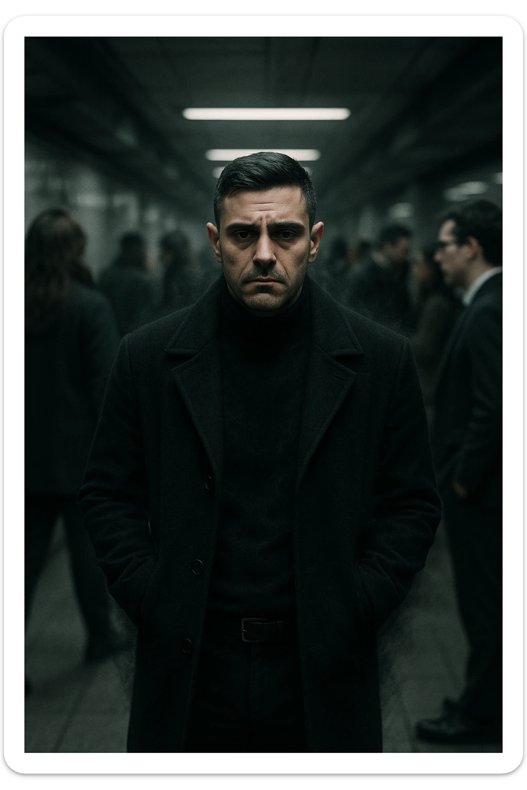 A cinematic shot of a man in his early 30s standing still in the middle of a crowded urban environment — perhaps a subway platform or office hallway — surrounded by blurred, cold-looking people facing away from him or speaking among themselves, ignoring him completely. The man has a heavy, emotionally drained expression, shoulders slightly slouched, hands in his coat pockets. He stands out in sharp focus while the others are dimly lit, grey-toned, and in motion blur. The lighting is harsh and cool, with strong shadows and low saturation to emphasize emotional isolation. A subtle dark aura or mist lingers around the man’s body, visually conveying the weight of negativity and emotional pressure. Shot in 35mm cinematic style, high realism, with a desaturated color palette and shallow depth of field sticker