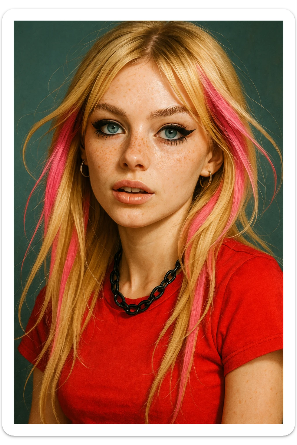 A blonde girl in Y2K punk style, blue eyes, long blonde hair with pink streaks, light black eyeshadow and eyeliner, freckles, fake lashes, red shirt, black necklace. sticker