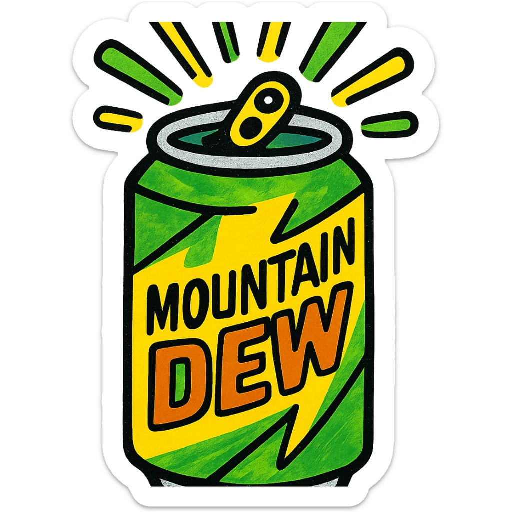a can of Mountain Dew, vibrant and energetic, green and yellow colors, with sunshine rays bursting out when opened sticker