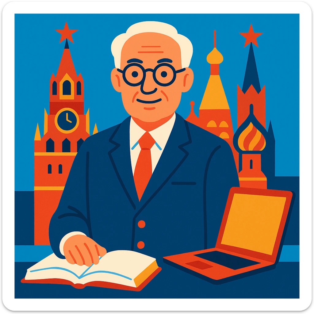 A college director with recognizable Moscow towers or stars in the background, an open book and a computer nearby, symbolizing modern education in the capital. sticker