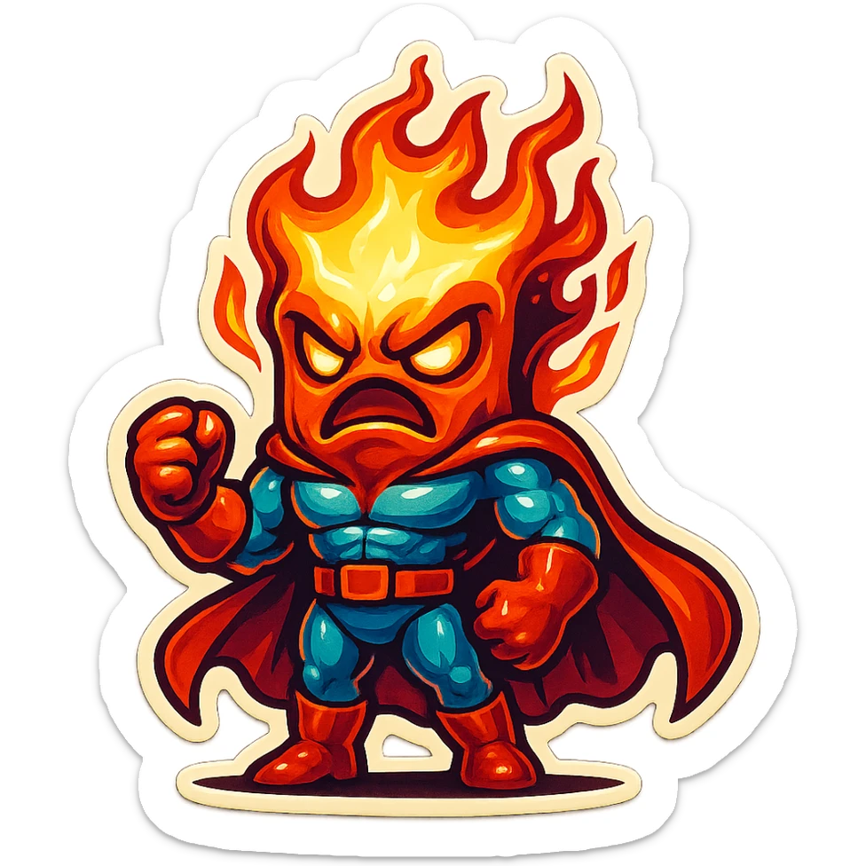 coffee creature, superhero, angry and on fire sticker