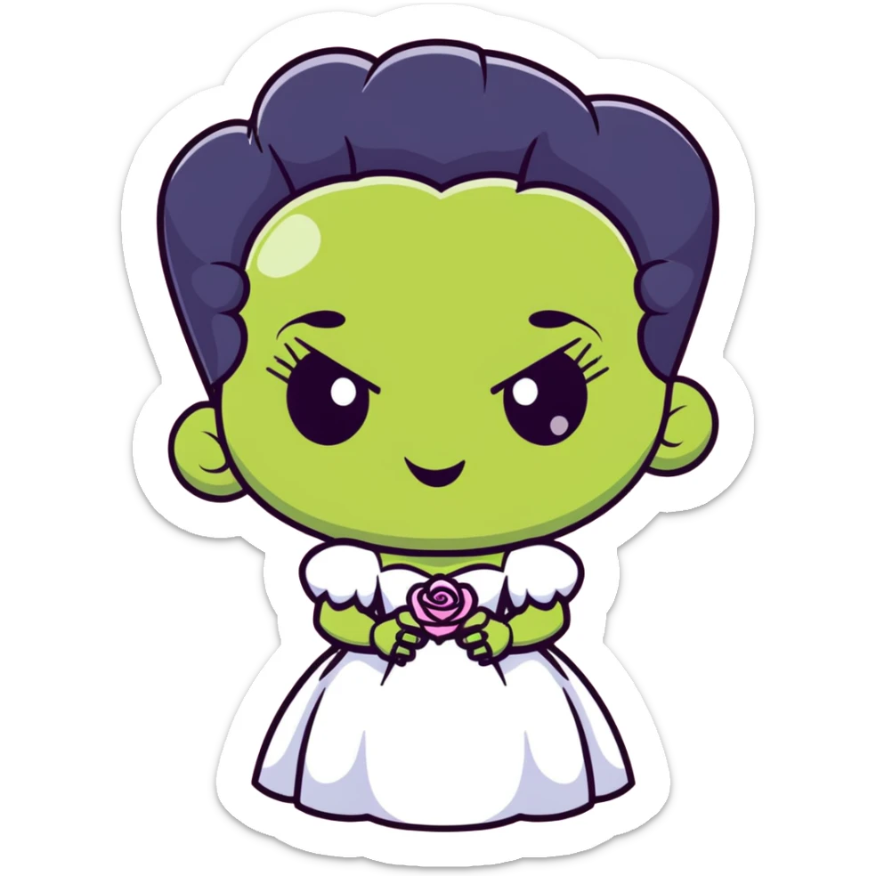 kawaii Bride of Frankenstein with rosy cheeks and adorable stitches sticker
