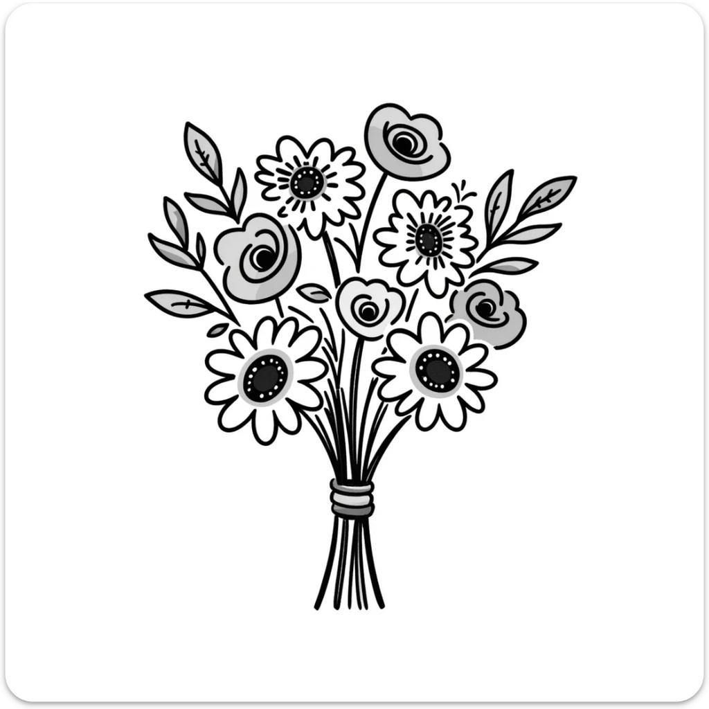 a hand-tied bouquet of assorted flowers with stems and leaves, pastel colors dd9fb0, ffc6d3, a3bfc9, c4bee2, f1b091, detailed hand-drawn doodle style sticker