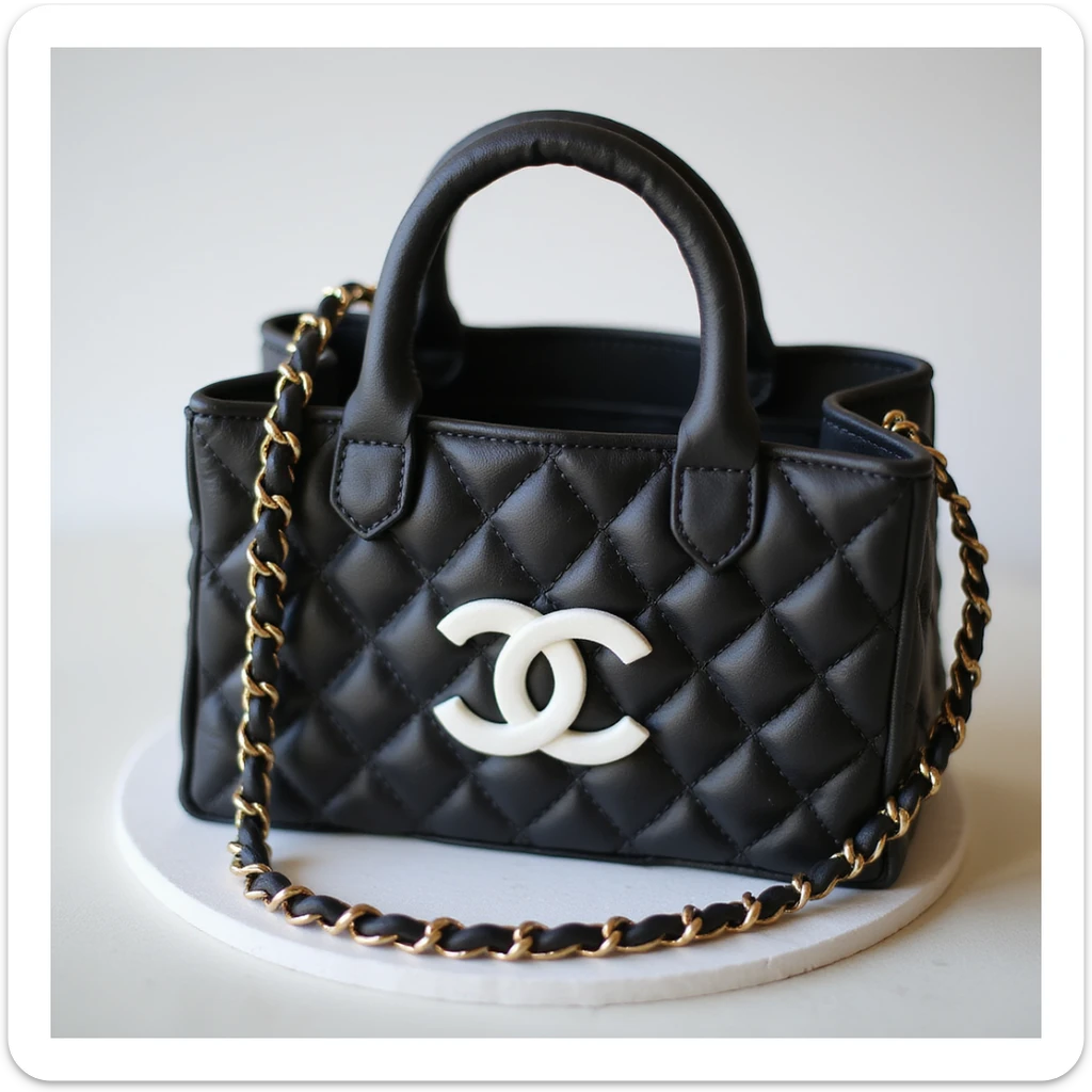 photorealistic Chanel shopping bag cake, black and white, no background sticker