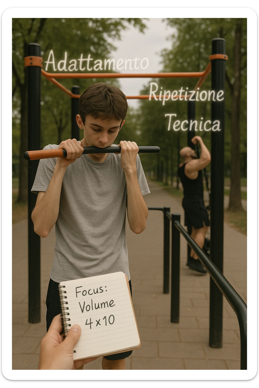 Giovane atleta principiante, fisico asciutto ma non muscoloso, si allena in uno street park con sbarra e parallele. Sta eseguendo serie lunghe di trazioni a corpo libero, concentrato sulla tecnica e sul controllo. Vicino a lui si vede un block notes con scritto a penna 'Focus: Volume, 4x10', mentre in lontananza un altro atleta molto più grosso fa una singola ripetizione con zavorra pesante. Il neofita guarda il suo diario, non gli altri. L’ambiente è sereno, luce naturale, atmosfera di crescita e disciplina. Sullo sfondo si intravedono i concetti scritti in aria con stile metaforico: 'Adattamento', 'Ripetizione', 'Tecnica', fluttuanti accanto a lui sticker