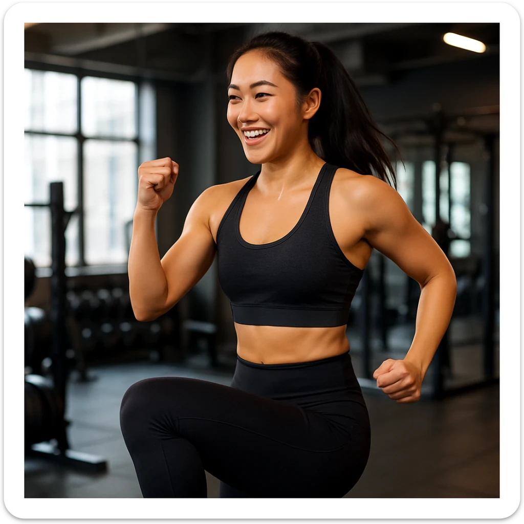 Asian woman doing a routine workout, energetic, fitness attire, gym background sticker