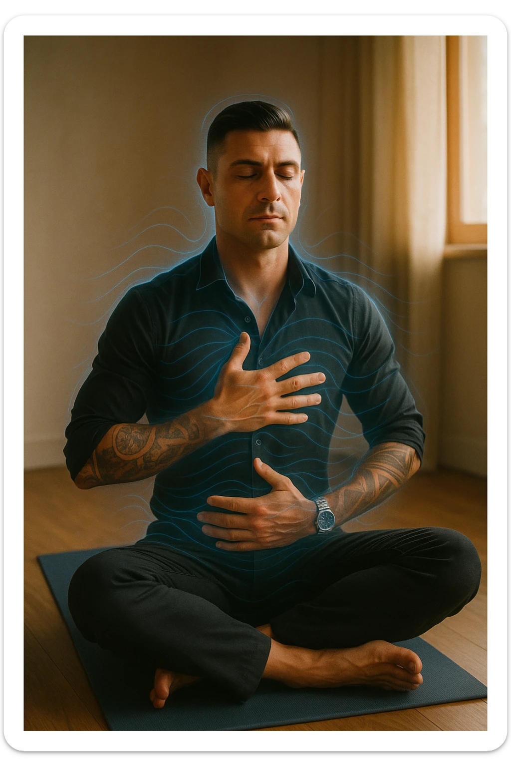 A highly realistic, cinematic portrait of a man in his early 30s with a calm, focused expression, sitting cross-legged on a yoga mat in a softly lit room. His eyes are closed, and he is performing deep diaphragmatic breathing, with one hand resting on his chest and the other on his abdomen, visibly rising and falling with each breath. A subtle glow or faint blue light outlines his body, symbolizing calm energy and nervous system regulation. Around him, faint symbolic waves or flowing lines in blue tones represent the breath calming the autonomic nervous system, while a soft warm light from a window illuminates his relaxed face. The atmosphere is peaceful and grounded, with warm natural tones and a clean, minimalist setting, evoking the feeling of inner calm and nervous system reset through conscious breathing. Style: 35mm hyperrealistic film photography, soft depth of field, warm lighting with clear focus on the man's peaceful face and breathing posture sticker