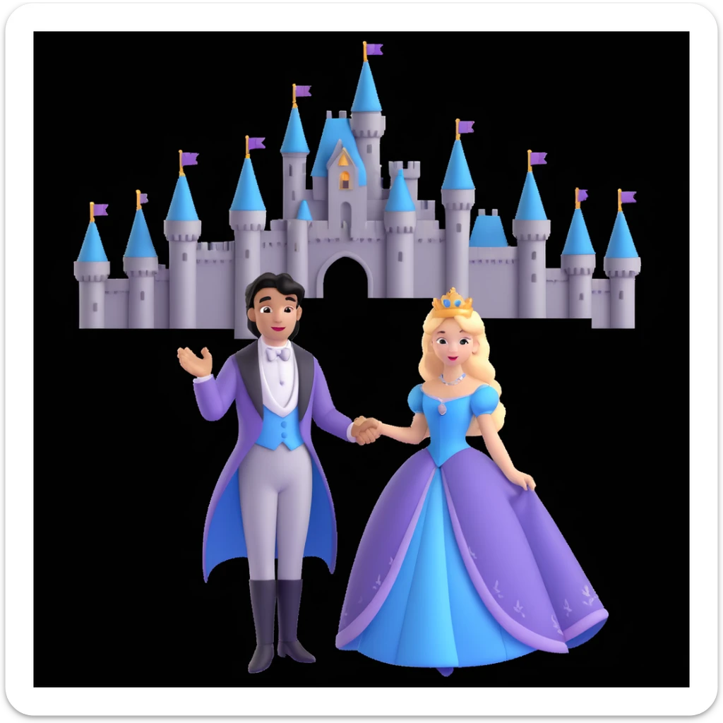 prince and princess Disney dress close up photo in castle background sticker