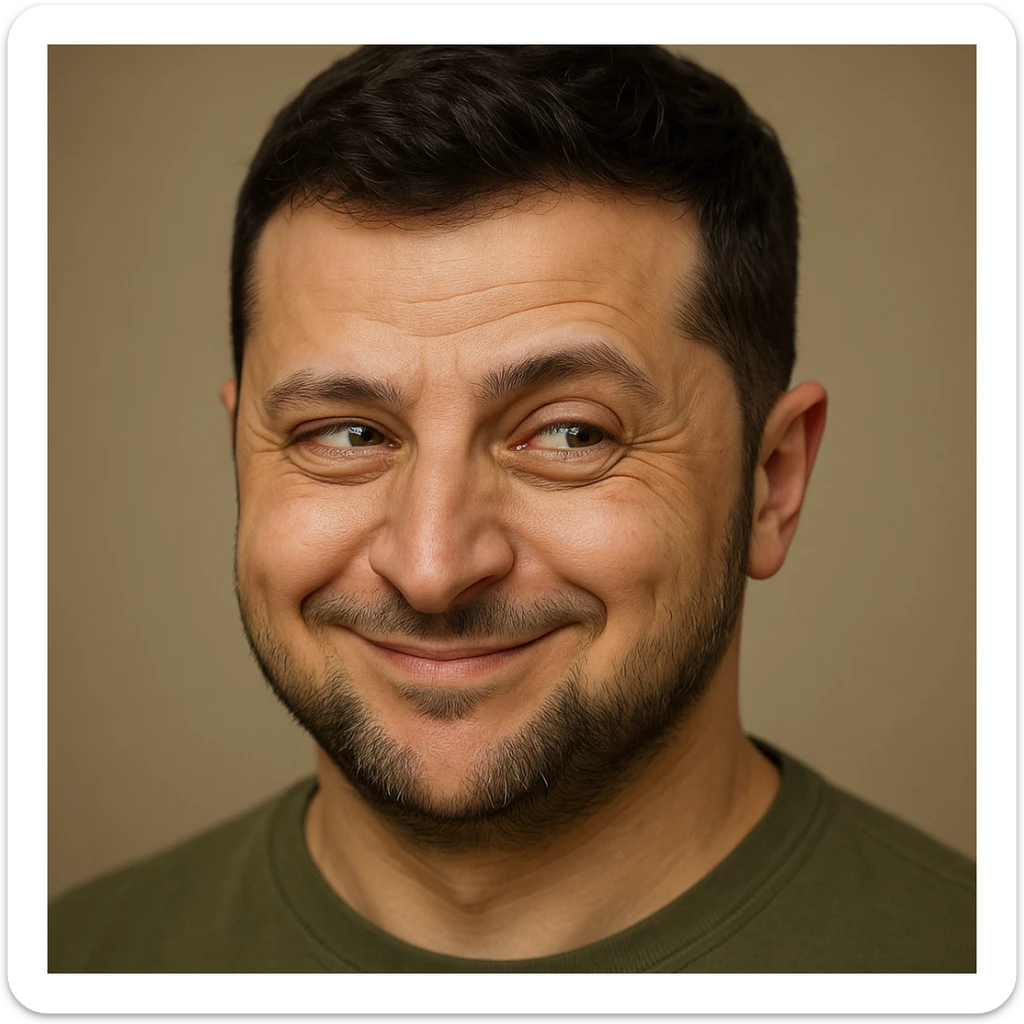 Vladimir Zelensky, photorealistic, emoji style, sly smirk, mischievous eyes sticker