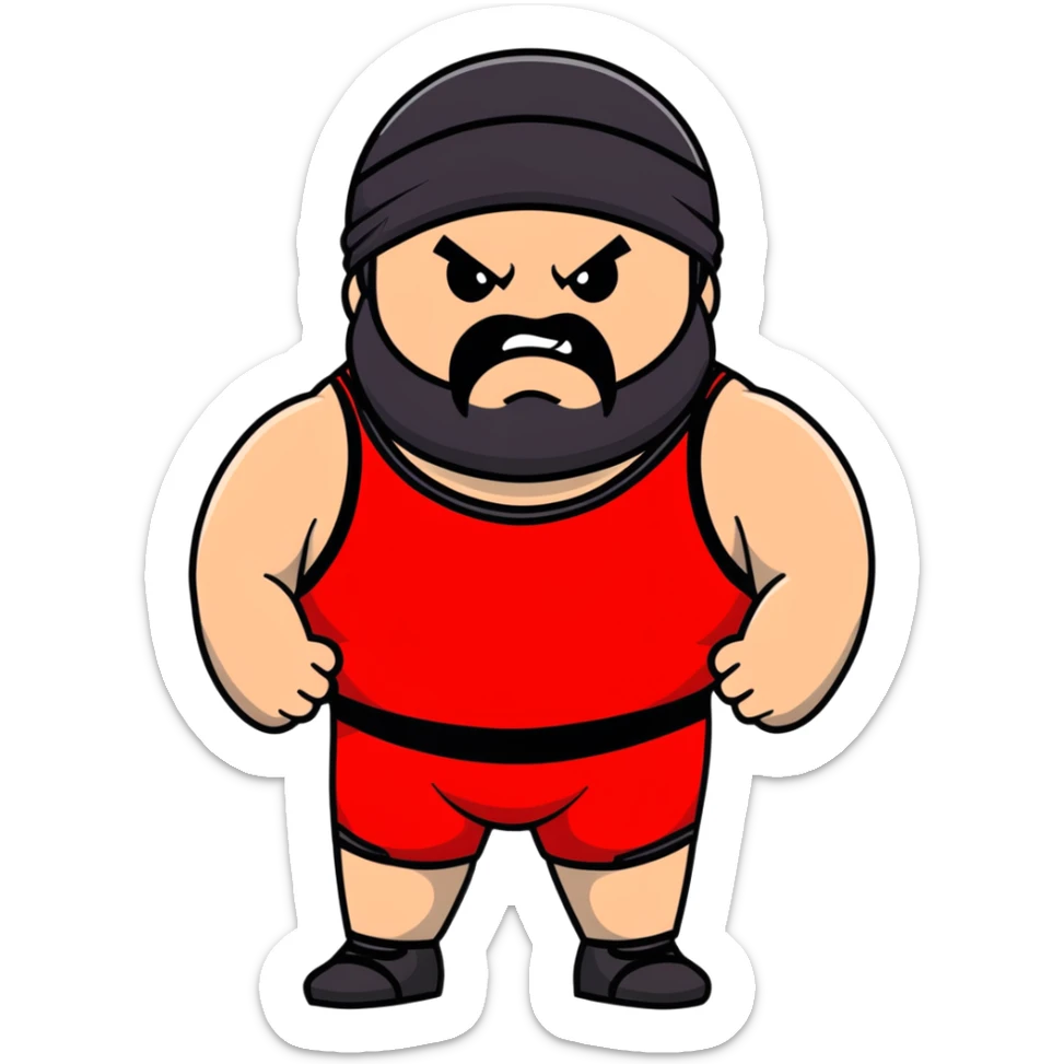 White skin fat guy with black durag, black beard, black eyes in a red and black wrestling singlet with angry face sticker