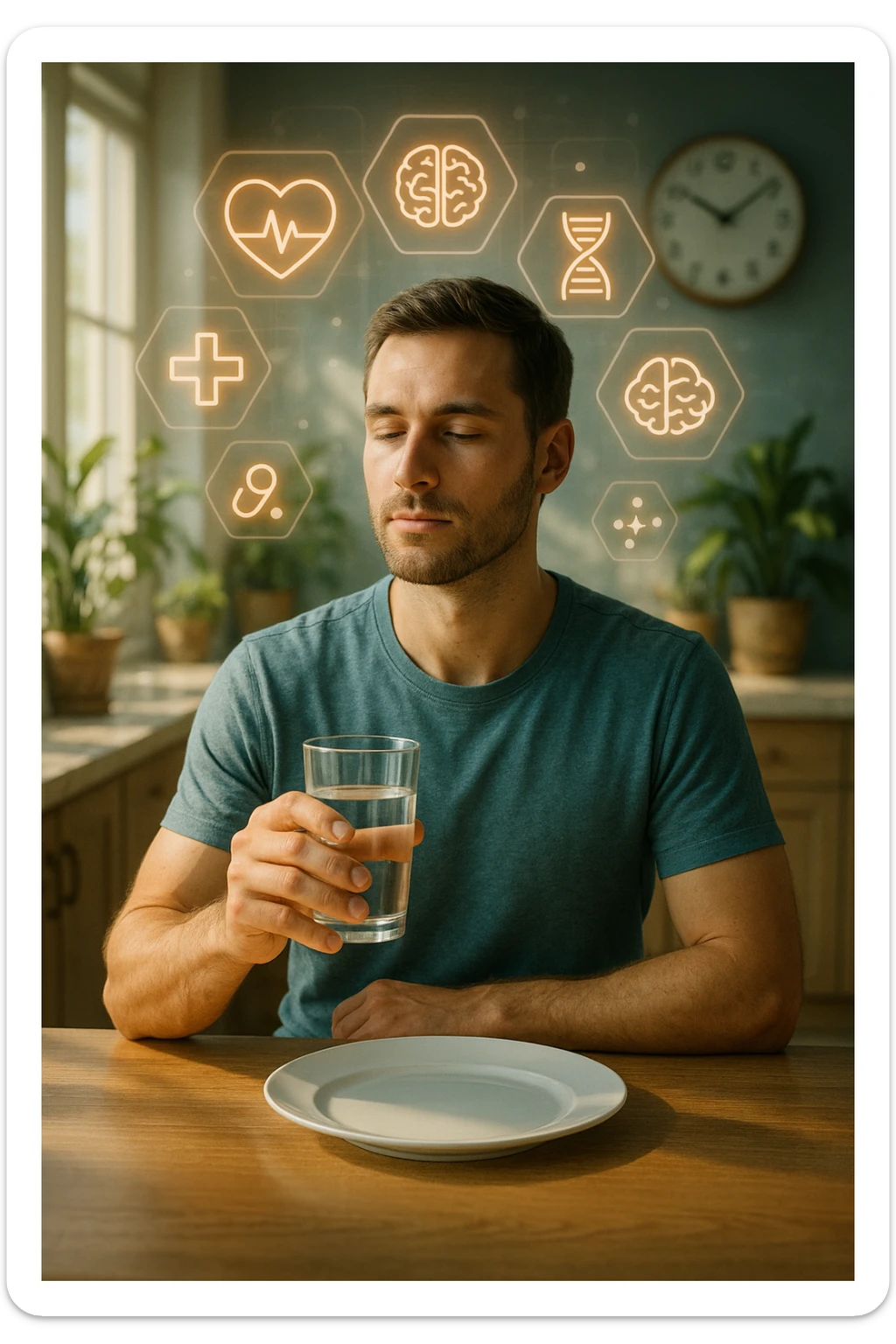 A realistic, cinematic illustration of a healthy, calm man in his early 30s sitting in a bright kitchen in the morning, with an empty plate in front of him and a glass of water in his hand, looking serene and focused. Behind him, the background shows subtle symbols of health: green plants, sunlight streaming in, and a blurred wall clock showing 10:00, symbolizing the fasting window. Above the man, a translucent overlay of medical icons (heart, brain, DNA strand) glows softly, illustrating that intermittent fasting acts as a powerful medicine, not merely a diet. The color palette is fresh and natural, emphasizing health, clarity, and focus. The style is realistic with slight cinematic tones, conveying that the man is using intermittent fasting as a tool for cellular regeneration, inflammation reduction, and health optimization rather than weight loss sticker