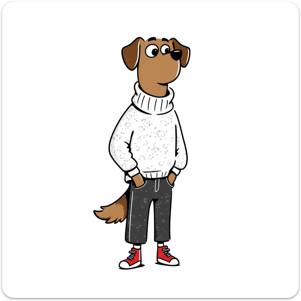 Brown dog standing upright with hands in jean pockets, wearing a white sweater and red shoes sticker